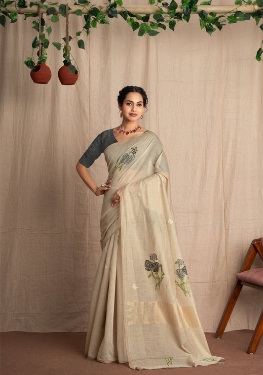 Hastchitra Cotton Blend Handloom Effect Ivory With Grey Saree.