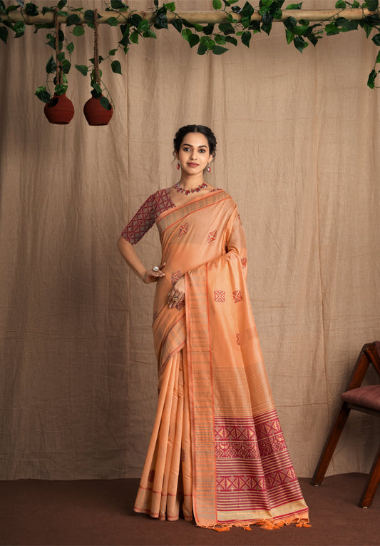 Weeve Katha | Peach Sorbet Spun Polyester Kantha Design Jacquard Woven Saree.