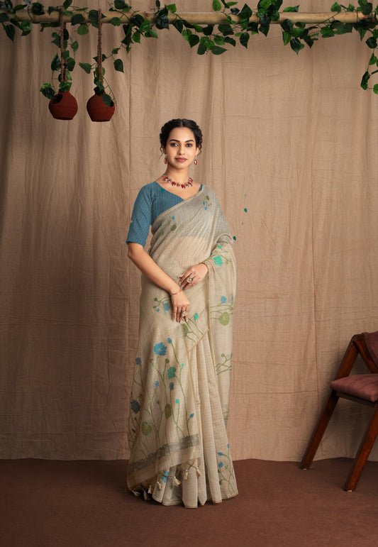 Vanya Soft Mul Cotton Floral Checks Chalk Beige With Cobalt Blue Saree.