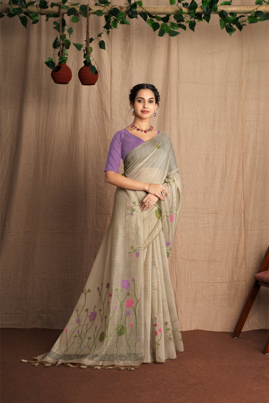 Vanya | Chalk Beige + Purple Soft Mul Cotton Floral Checks Design Jacquard Woven Saree.