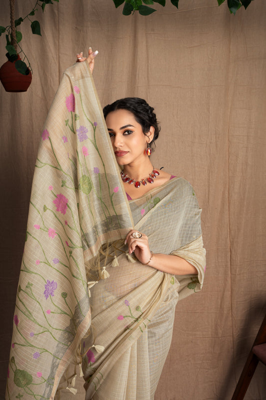 Vanya | Chalk Beige + Pink Soft Mul Cotton Floral Checks Design Jacquard Woven Saree.