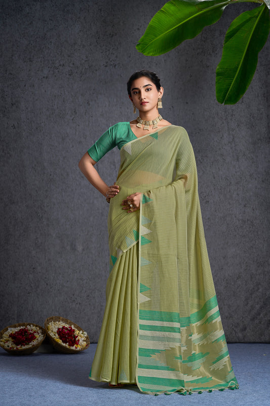 Jamdara | Pista Cream Cotton Blend Handloom Effect Design Jacquard Woven Saree