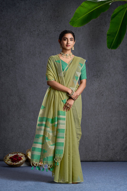 Jamdara | Pista Cream Cotton Blend Handloom Effect Design Jacquard Woven Saree