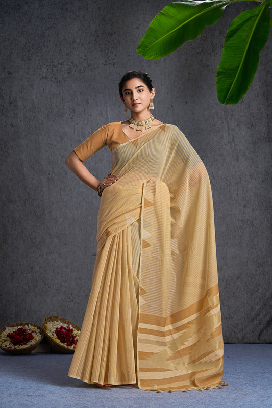 Jamdara | Lemon Cream Cotton Blend Handloom Effect Design Jacquard Woven Saree