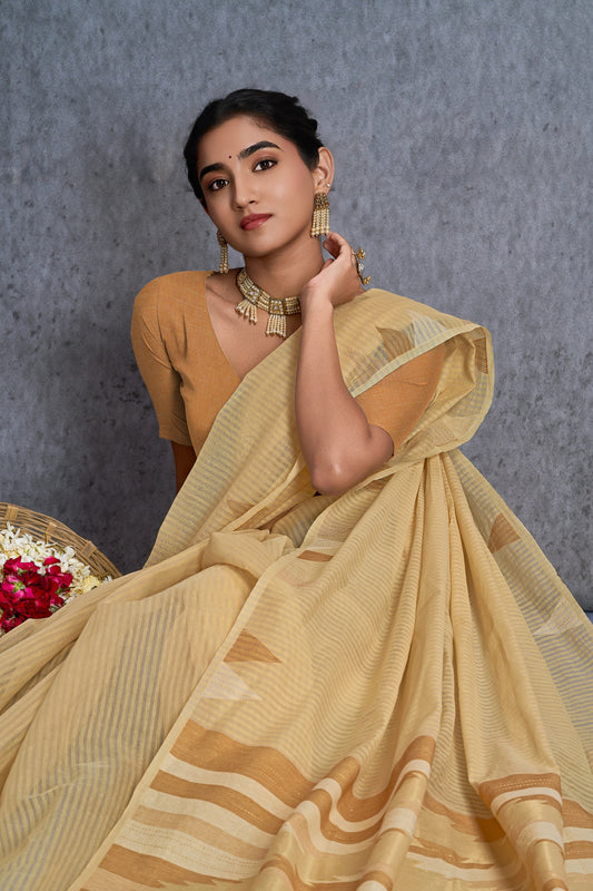 Jamdara | Lemon Cream Cotton Blend Handloom Effect Design Jacquard Woven Saree