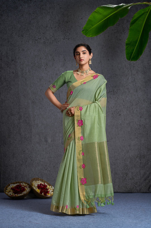 Madhurima Spun Polyester Floral Smoky Green Saree.