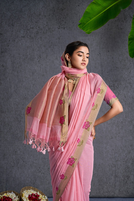 Madhurima Spun Polyester Floral Baby Pink Saree.