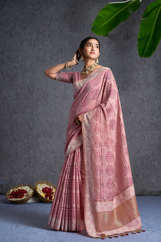 Aavira | Pink Mul Cotton Jacquard Woven Jamdani Saree