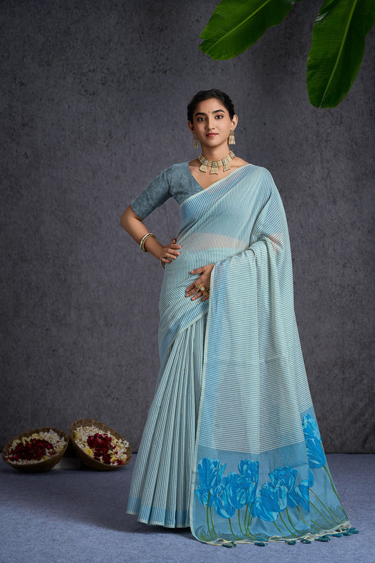 Nayra Cotton Blend Floral Blue Grey Saree.