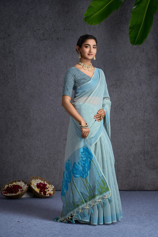 Nayra Cotton Blend Floral Blue Grey Saree.