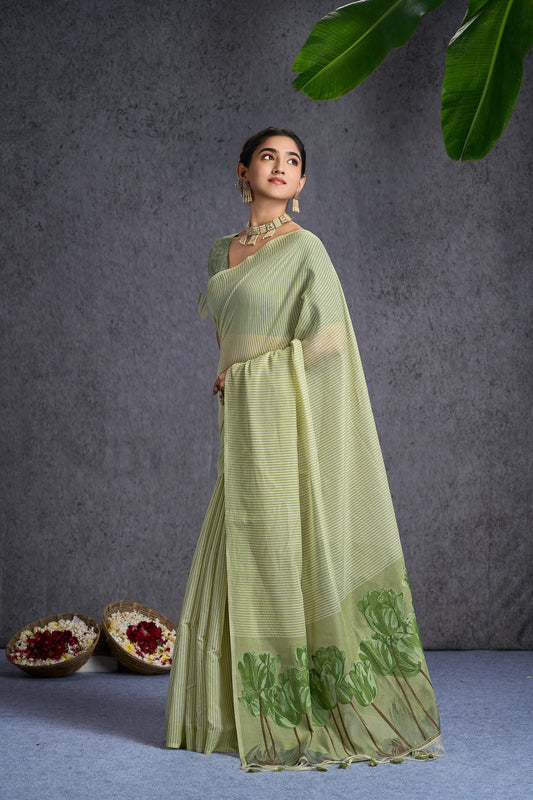 Nayra Cotton Blend Floral Moss Green Saree.