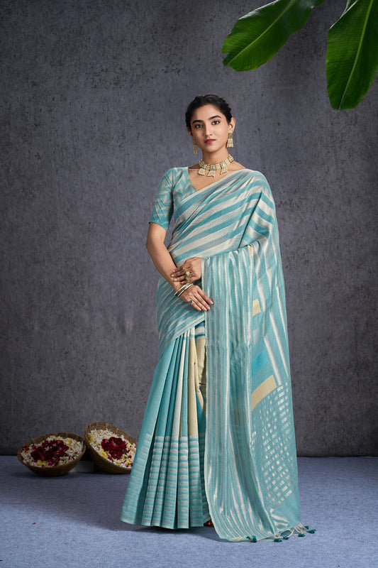 Swarni | Baby Blue Cotton Blend Geometric Design Jacquard Woven Saree.