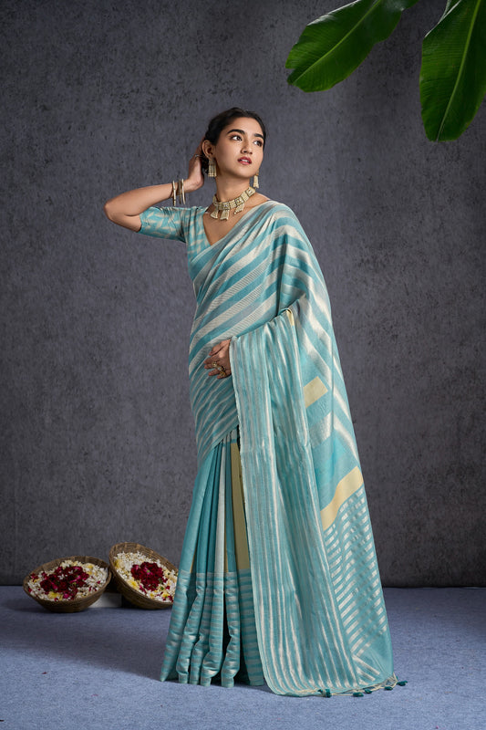 Swarni | Baby Blue Cotton Blend Geometric Design Jacquard Woven Saree.