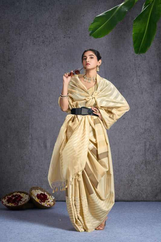 Swarni | Cream Cotton Blend Geometric Design Jacquard Woven Saree