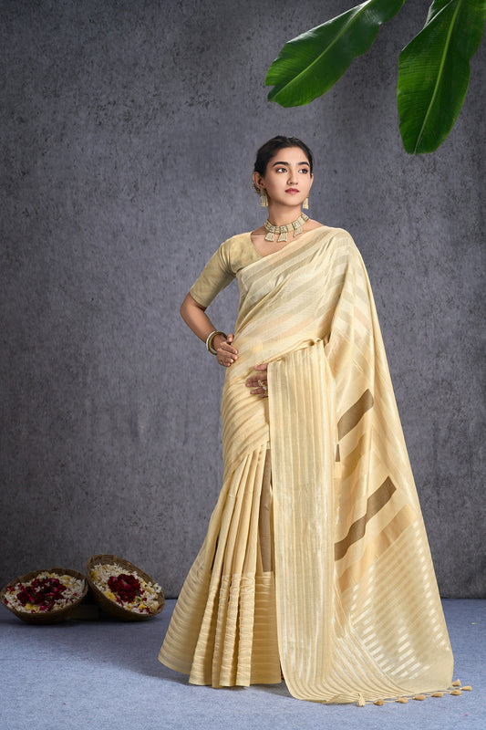 Swarni | Cream Cotton Blend Geometric Design Jacquard Woven Saree