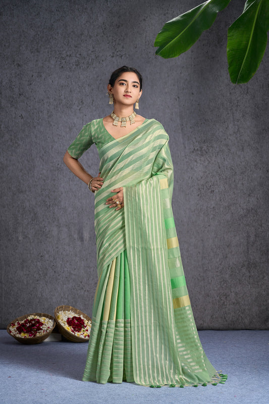 Swarni | Smoky Green Cotton Blend Geometric Design Jacquard Woven Saree
