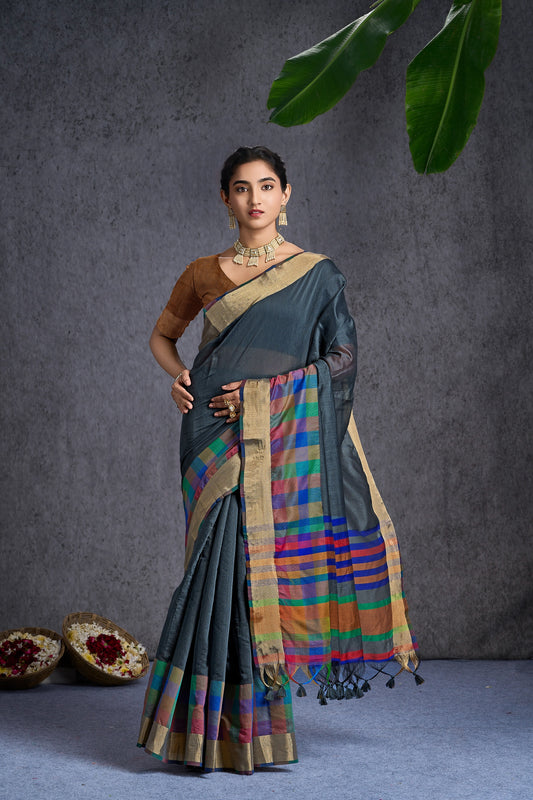 Vareeka | Grey Spun Polyester Chex Design Jacquard Woven Saree