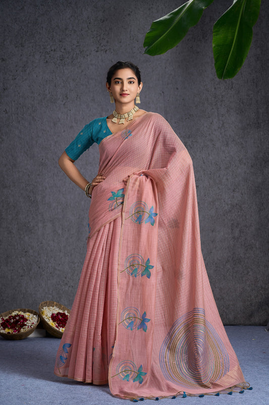 Aakriti Soft Mul Cotton Floral & Geometric Baby Pink Saree.