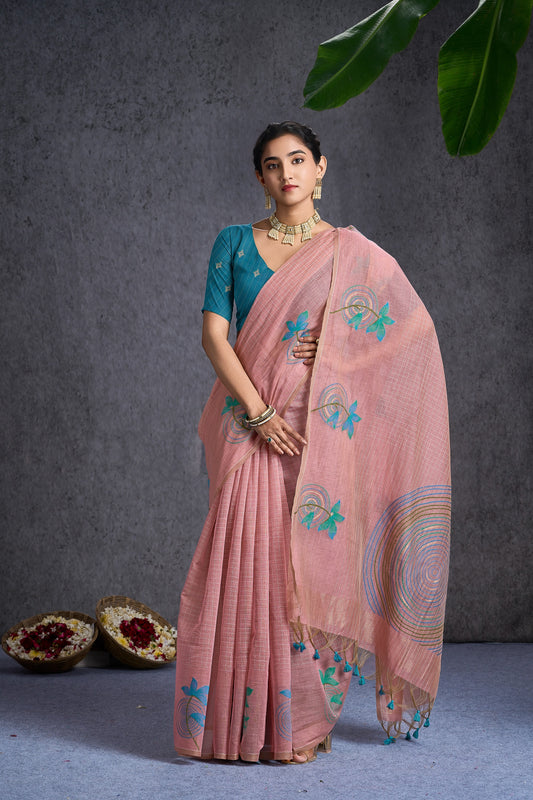Aakriti Soft Mul Cotton Floral & Geometric Baby Pink Saree.