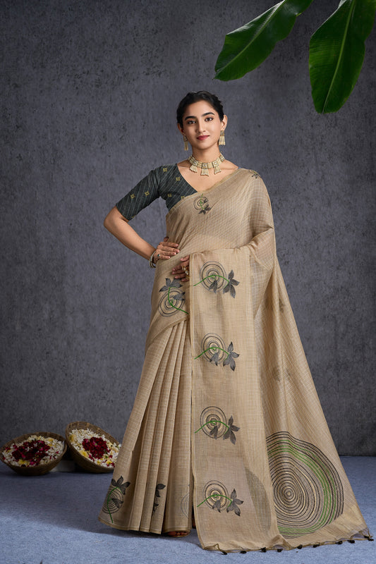 Aakriti Soft Mul Cotton Floral & Geometric Chiku Saree.