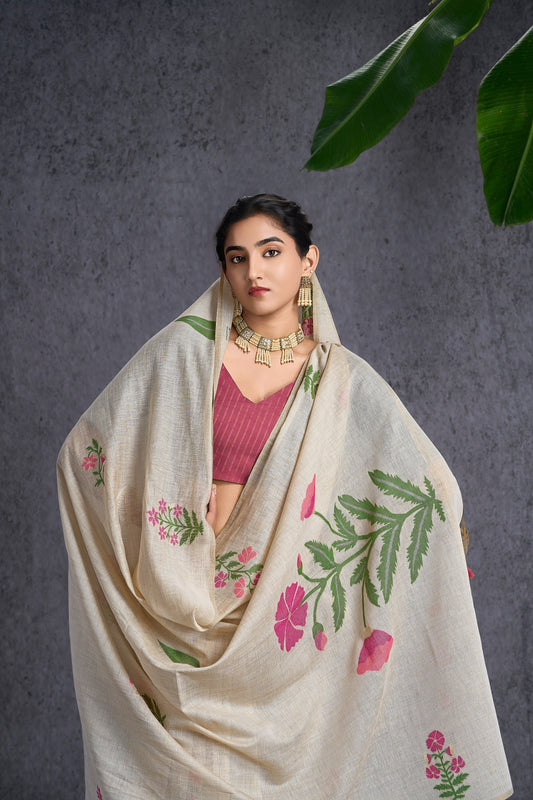 Pushpkala | Raspberry Sunsetorange Mul Cotton Jamdani Saree with Floral Design