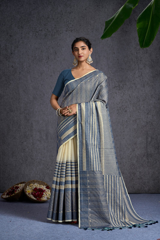 Tanika | Denim Blue Mul Cotton Geometric Design Jacquard Woven Saree