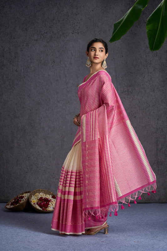 Tanika | Rani Pink Mul Cotton Geometric Design Jacquard Woven Saree