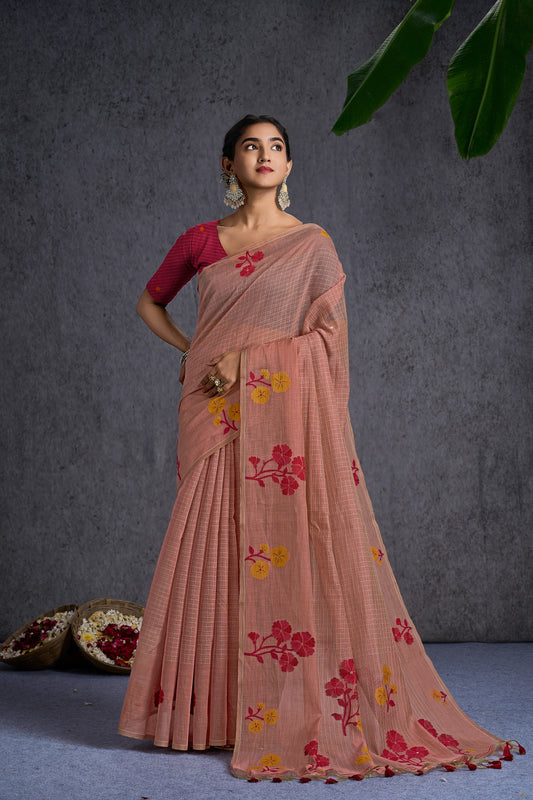Riwaayat Mul Cotton Floral & Jamdani Peach Saree.