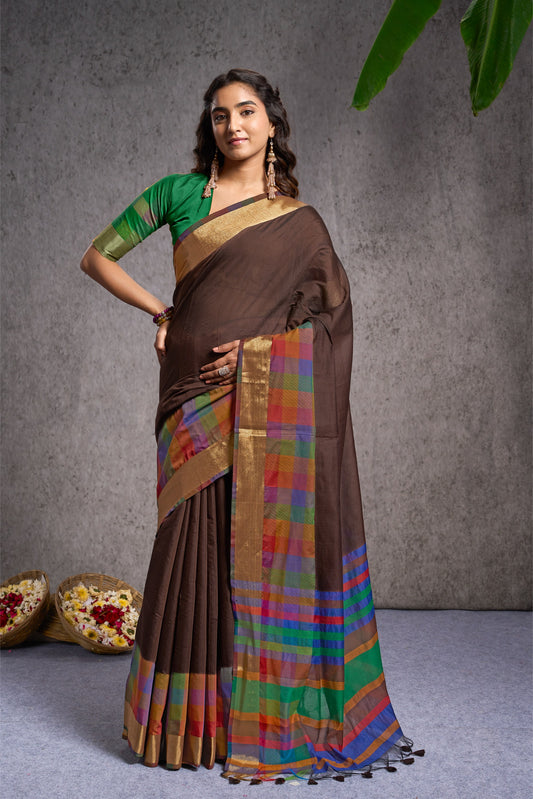 Vareeka | Coffee Spun Polyester Chex Design Jacquard Woven Saree