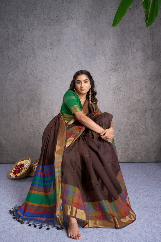 Vareeka | Coffee Spun Polyester Chex Design Jacquard Woven Saree