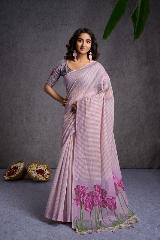 Nayra Cotton Blend Floral Bubblegum Saree.