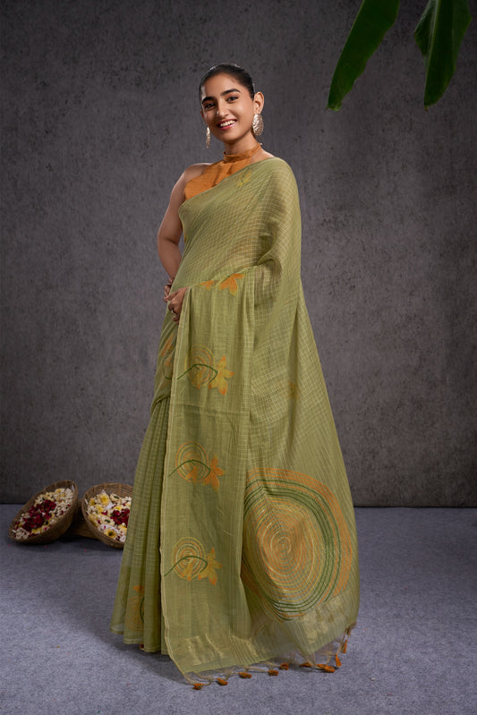 Aakriti Soft Mul Cotton Floral & Geometric Pista Green Saree.