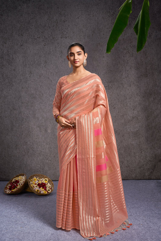 Swarni | Peach Sorbet Cotton Blend Geometric Design Jacquard Woven Saree