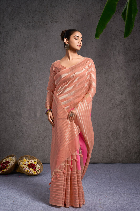 Swarni | Peach Sorbet Cotton Blend Geometric Design Jacquard Woven Saree