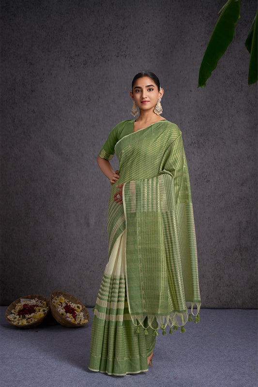 Tanika | Moss Green Mul Cotton Geometric Design Jacquard Woven Saree