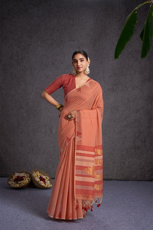 Jamdara | Peach Cream Cotton Blend Handloom Effect Design Jacquard Woven Saree