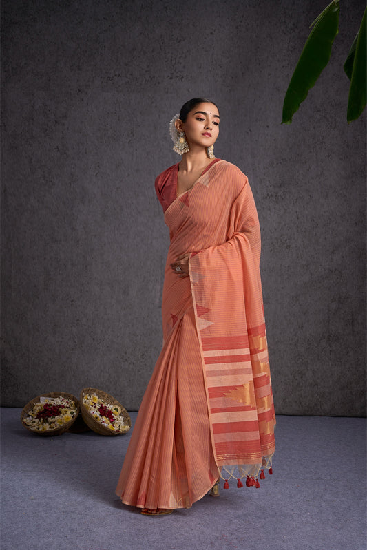 Jamdara | Peach Cream Cotton Blend Handloom Effect Design Jacquard Woven Saree