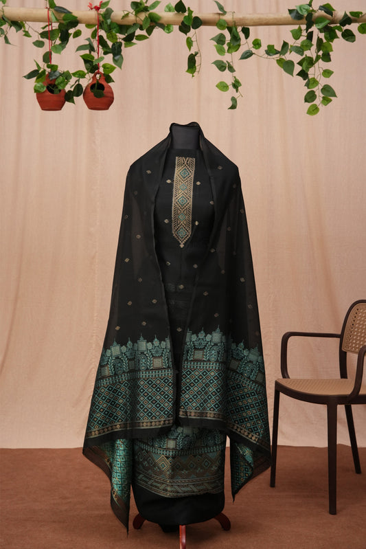 Nooraya | 3-Piece Black & Mint Unstitched Viscose Suit Set