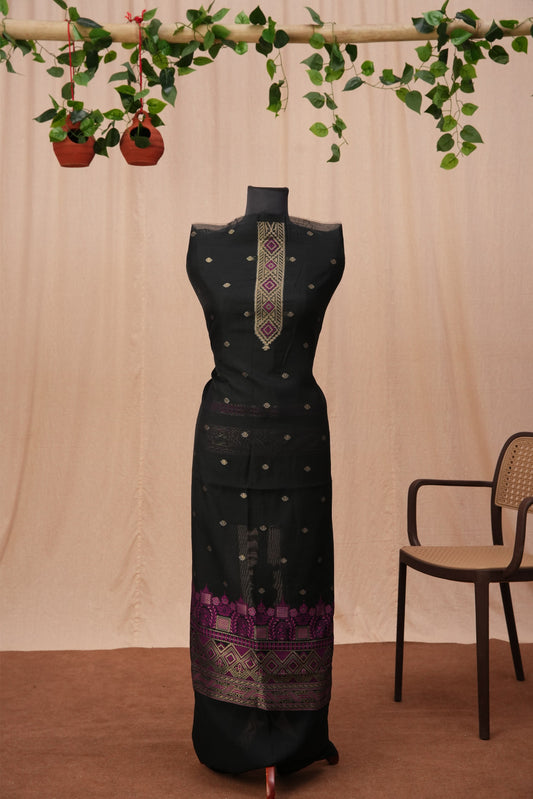 Nooraya | 3-Piece Black & Magenta Unstitched Viscose Suit Set