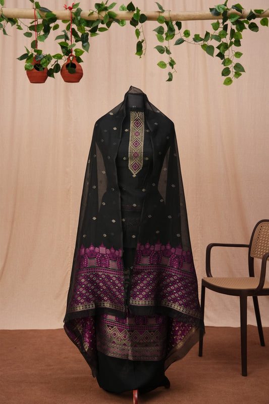 Nooraya | 3-Piece Black & Magenta Unstitched Viscose Suit Set