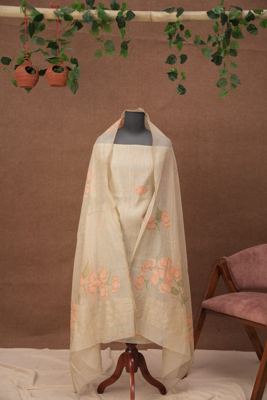 Rohini Muse | 3-Piece Beige Orange Unstitched Linen & Cotton Suit Set