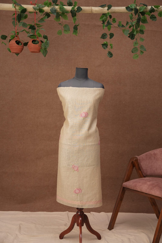 Rohini Muse | 3-Piece Beige Rani Pink Unstitched Linen & Cotton Suit Set