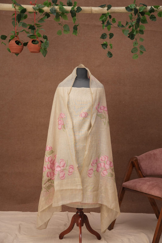 Rohini Muse | 3-Piece Beige Rani Pink Unstitched Linen & Cotton Suit Set