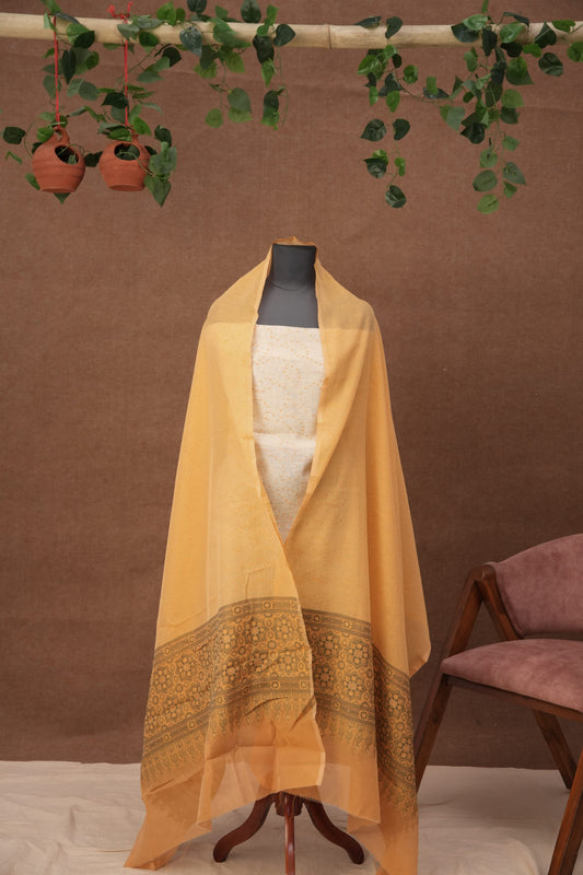 Bandhani Weave | 3-Piece White & Mustard Unstitched Linen & Cotton Suit Set