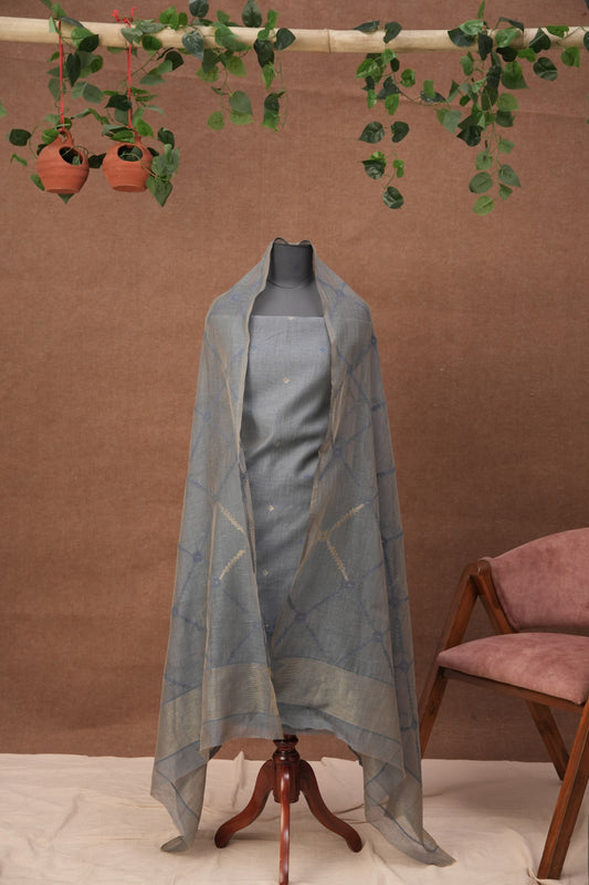 Rivaah Weaves | 3-Piece Light Blue Grey Unstitched Linen & Cotton Suit Set