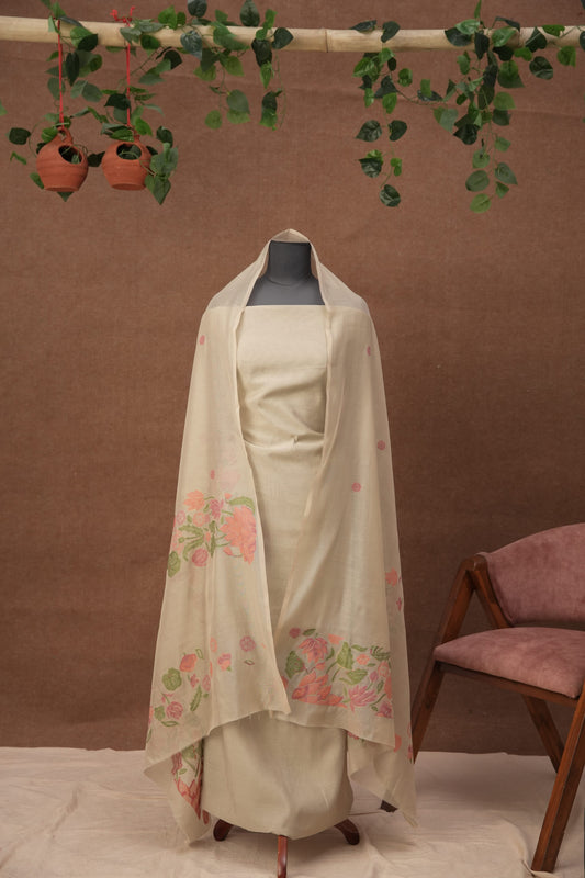 Alina Bloom | 3-Piece Ivory Sunset Orange Unstitched Viscose Suit Set