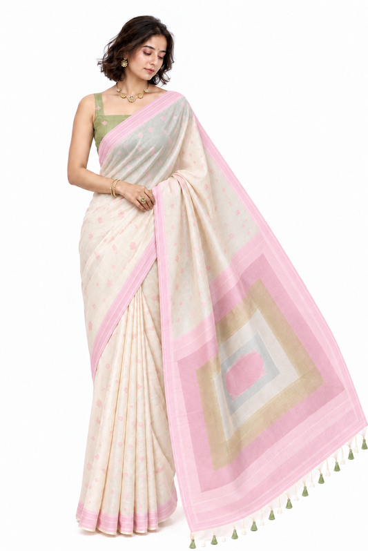 Colour-Block Pallu Ikat Saree in Blush Pink