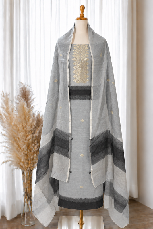 Grey Jacquard Unstitched Suit Set with Ikkat Dupatta