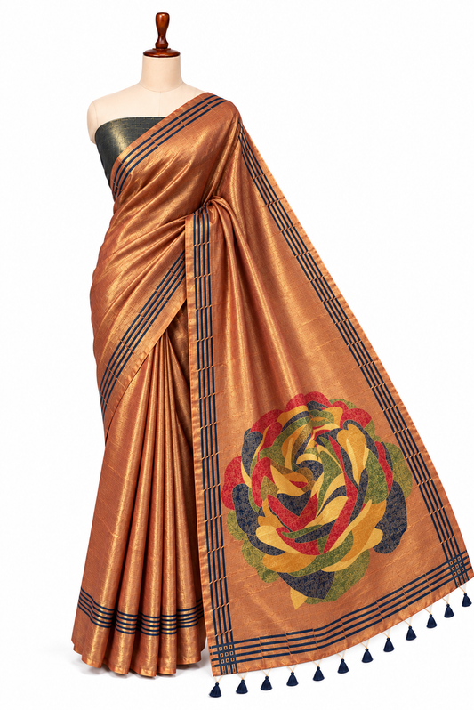 Copper Bronze Tissue Saree with Abstract Rose Pallu