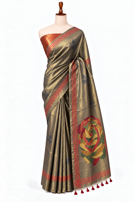 Charcoal Metallic Jacquard Tissue Saree with Rose Pallu